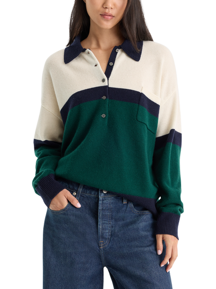 Good American Wool Rich with Cashmere Knit Oversized Rugby Jumper, Green/White/Navy, Green/White/Navy
