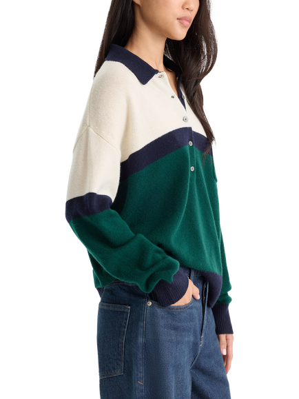 Good American Wool Rich with Cashmere Knit Oversized Rugby Jumper, Green/White/Navy - view 2, Green/White/Navy