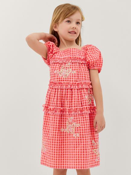 Monsoon Kids' Puff Sleeve Gingham Dress, Pink, Pink