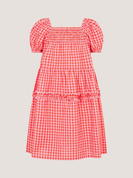 Monsoon Kids' Puff Sleeve Gingham Dress, Pink - view 2, Pink
