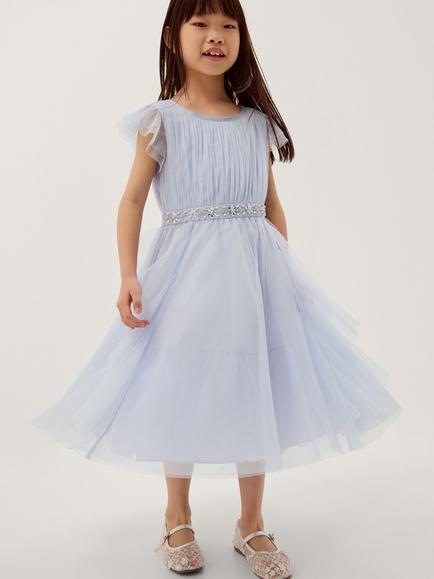 Monsoon Kids' Pennie Waterfall Ruffle Dress, Pale Blue, Pale Blue
