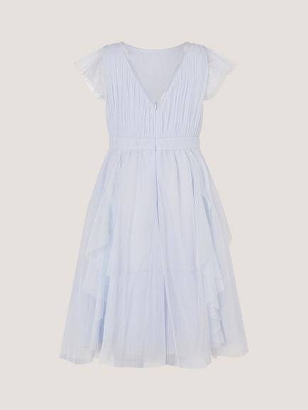 Monsoon Kids' Pennie Waterfall Ruffle Dress, Pale Blue - view 2, Pale Blue