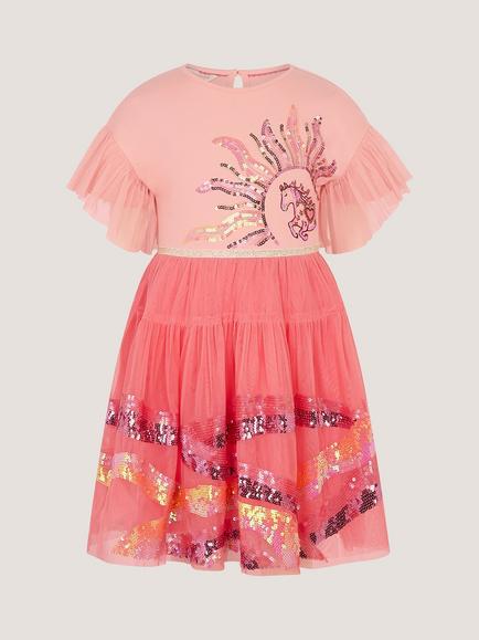 Monsoon Kids' Flutter Sleeve Sequin Unicorn Dress, Pink, Pink
