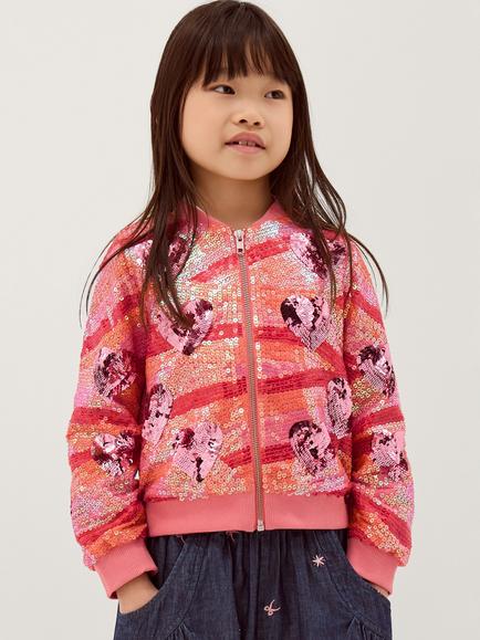 Monsoon Kids' Sequin Heart Bomber Jacket, Pink, Pink