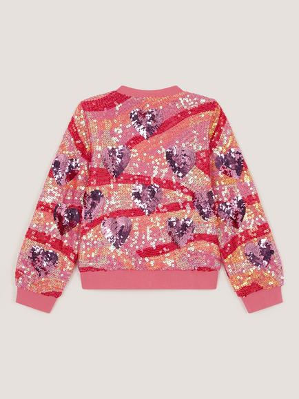 Monsoon Kids' Sequin Heart Bomber Jacket, Pink - view 2, Pink