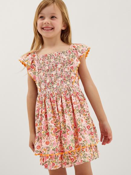 Monsoon Kids' Frill Sleeve Smocked Playsuit, Pink, Pink