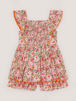 Monsoon Kids' Frill Sleeve Smocked Playsuit, Pink - view 2, Pink