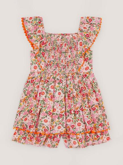 Monsoon Kids' Frill Sleeve Smocked Playsuit, Pink - view 2, Pink