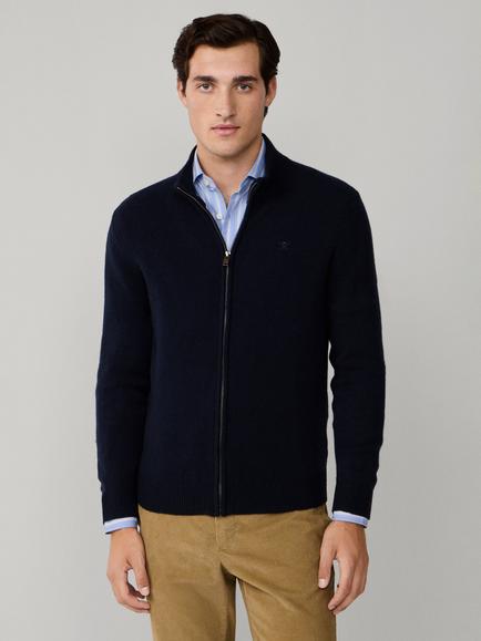 Hackett London Zip Front Lambswool Cardigan, Midnight Blue, Midnight Blue