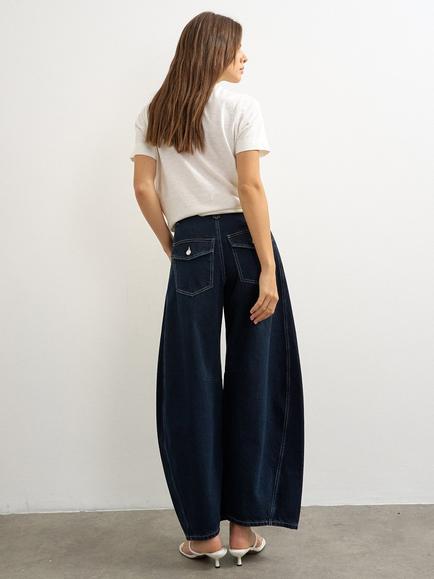 Topshop Horseshoe Mid Rise Barrel Leg Jeans, Navy - view 2, Navy