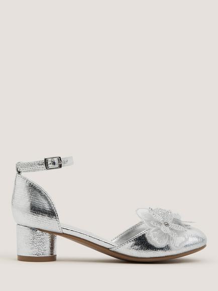 Monsoon Kids' Applique Flower Block Heel Sandals, Silver, Silver