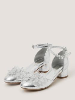 Monsoon Kids' Applique Flower Block Heel Sandals, Silver - view 2, Silver
