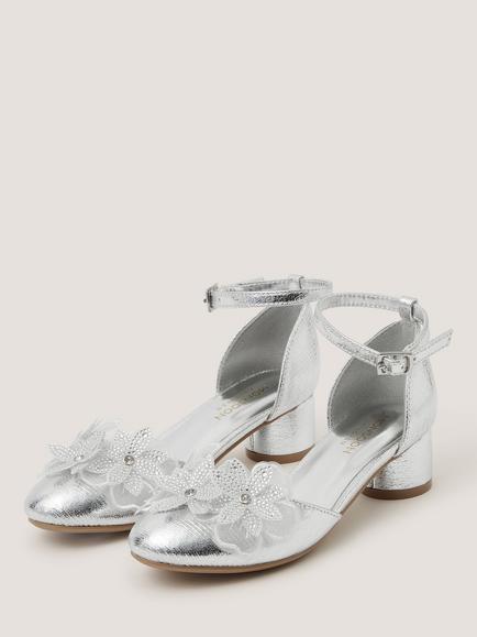 Monsoon Kids' Applique Flower Block Heel Sandals, Silver - view 2, Silver
