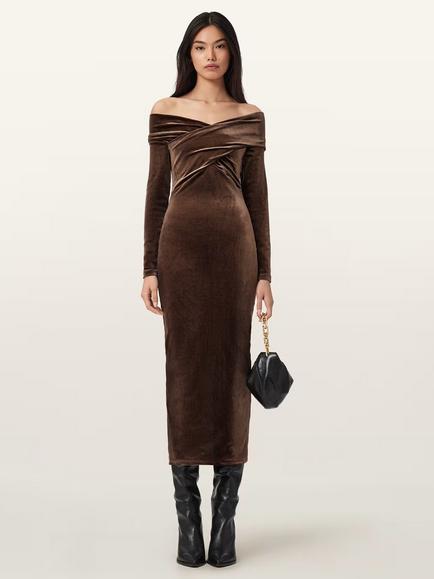 AllSaints Delta Velvet Midi Dress, Bitter Brown, Bitter Brown