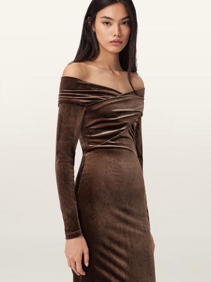 AllSaints Delta Velvet Midi Dress, Bitter Brown - view 2, Bitter Brown
