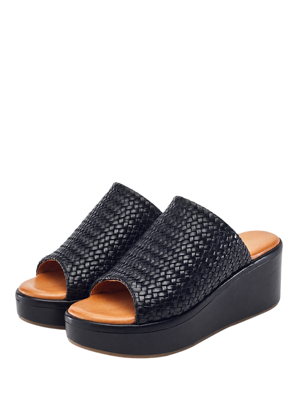 Moda in Pelle Kalley Woven Leather Wedge Heel Mule Sandals - view 2, Black