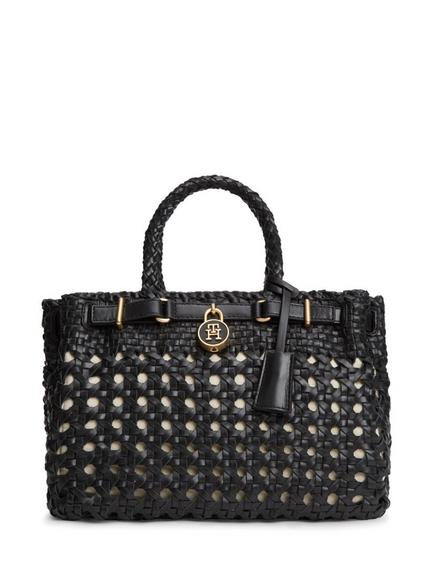 Tommy Hilfiger American Icon Mini Leather Braided Handbag, Black, Black