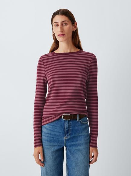John Lewis Organic Cotton Long Sleeve Crew Neck Striped T-Shirt, Burgundy, Burg Stripe