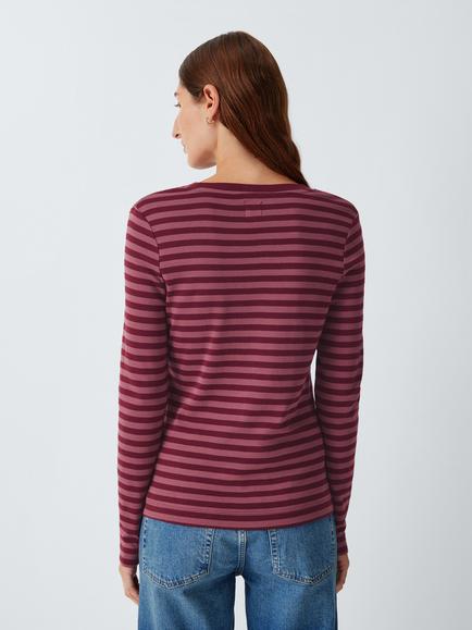 John Lewis Organic Cotton Long Sleeve Crew Neck Striped T-Shirt, Burgundy - view 2, Burg Stripe