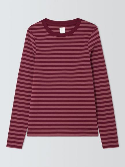 John Lewis Organic Cotton Long Sleeve Crew Neck Striped T-Shirt, Burgundy, Burg Stripe