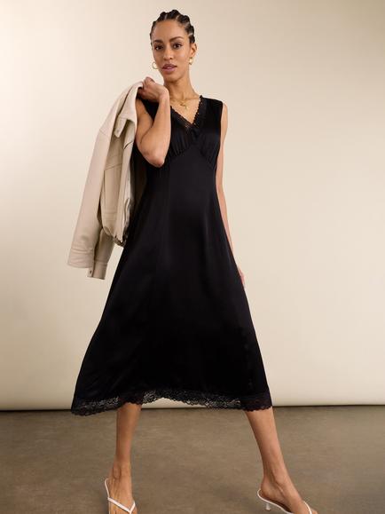 Baukjen Anoushka Satin Slip Dress, Caviar Black, Caviar Black