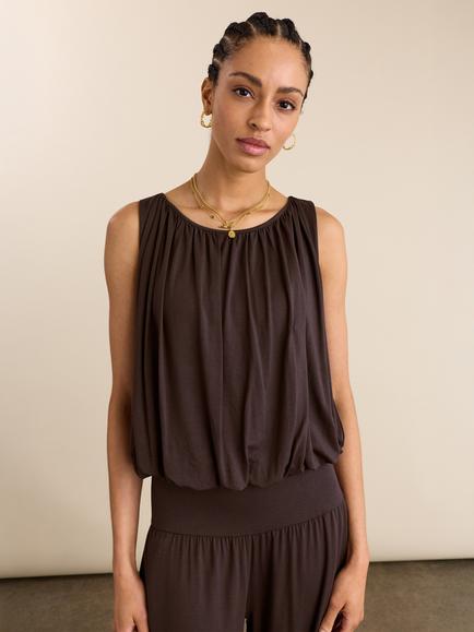 Baukjen Eddy Bubble Hem Top containing LENZING™ ECOVERO™ Viscose, Dark Chocolate