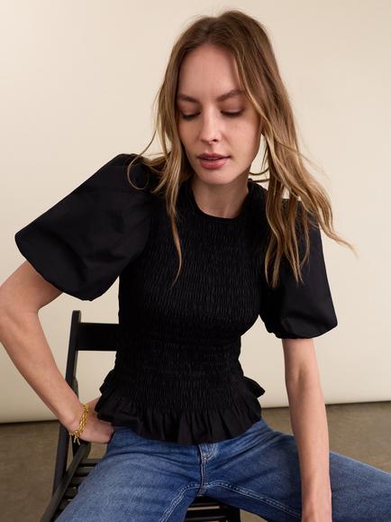Baukjen Lillie Organic Cotton Smocked Top, Caviar Black, Caviar Black
