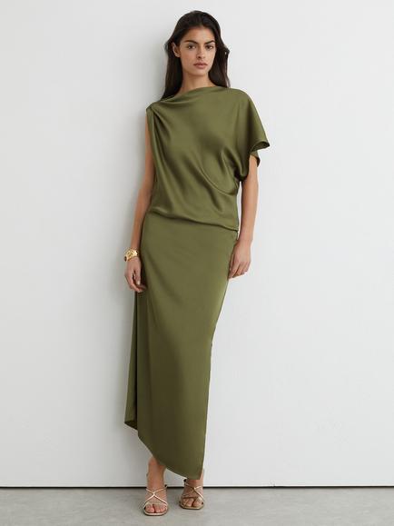 Reiss Kenzie Drape Midi Dress, Olive Green, Olive Green