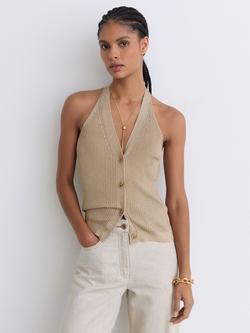 Reiss Lilana Metallic Halterneck Waistcoat, Gold, Gold