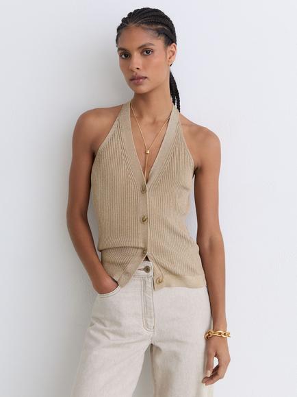 Reiss Lilana Metallic Halterneck Waistcoat, Gold, Gold