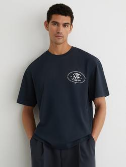 Reiss Clement Monogram Print Pigment Dyed Cotton Relaxed T-Shirt, Navy, Navy