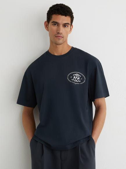 Reiss Clement Monogram Print Pigment Dyed Cotton Relaxed T-Shirt, Navy, Navy