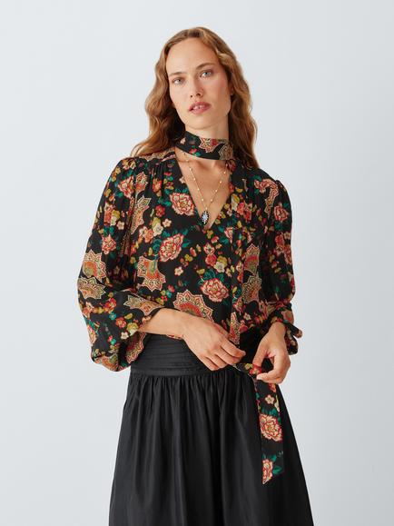 John Lewis x RIXO Moss Floral Print Tie Neck Blouse, Black/Multi, Black/Multi
