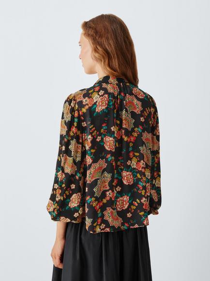 John Lewis x RIXO Moss Floral Print Tie Neck Blouse, Black/Multi - view 2, Black/Multi