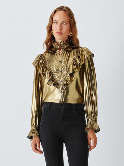 John Lewis x RIXO Sia Lamé Ruffle Blouse, Gold, Gold