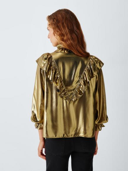John Lewis x RIXO Sia Lamé Ruffle Blouse, Gold - view 2, Gold