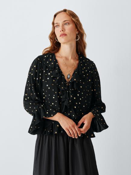 John Lewis x RIXO Tracye Star Print Ruffle Detail Blouse, Black/Multi, Black/Multi