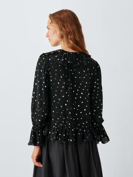 John Lewis x RIXO Tracye Star Print Ruffle Detail Blouse, Black/Multi - view 2, Black/Multi