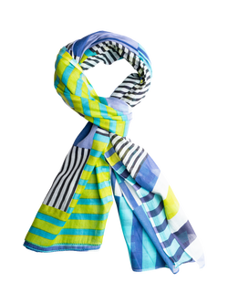 chesca Patchwork Striped Rectangular Scarf, Blue/Lime, Blue/Lime