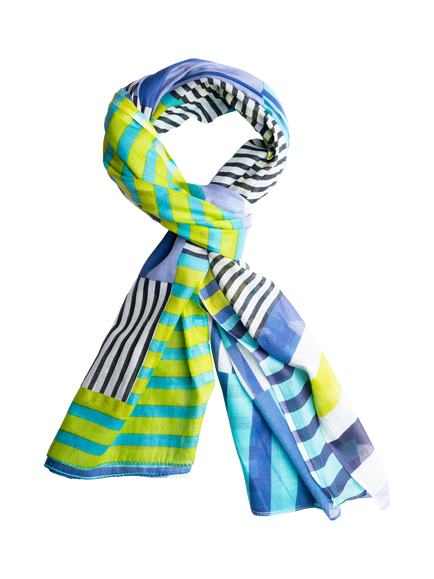 chesca Patchwork Striped Rectangular Scarf, Blue/Lime, Blue/Lime