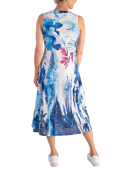 chesca Palm Print Midi Dress, White/Marina - view 2, White/Marina