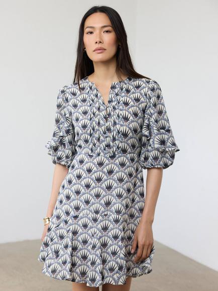 Mint Velvet Geo Print Puff Sleeve Mini Dress, Blue, Blue