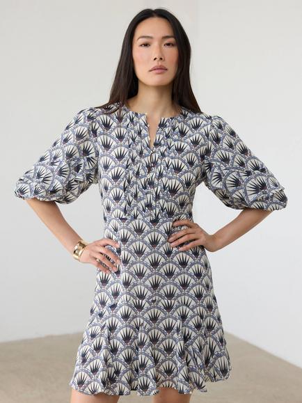 Mint Velvet Geo Print Puff Sleeve Mini Dress, Blue - view 2, Blue