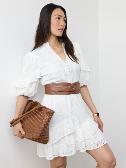 Mint Velvet Schiffley Embroidered Ruffles Mini Dress, White, White