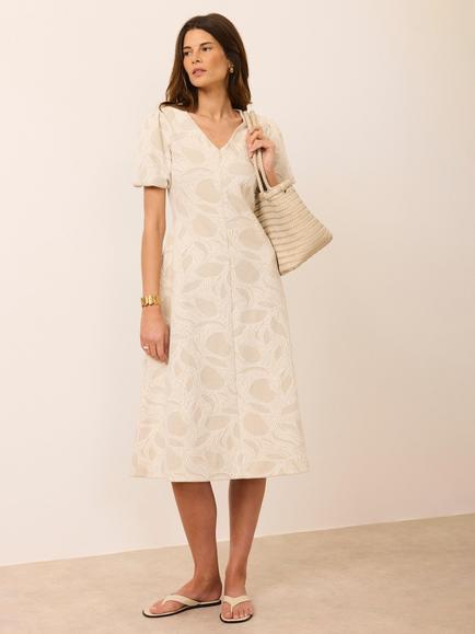 Mint Velvet Puff Sleeve Jacquard Dress, Cream, Cream