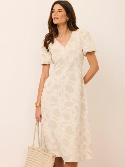 Mint Velvet Puff Sleeve Jacquard Dress, Cream - view 2, Cream