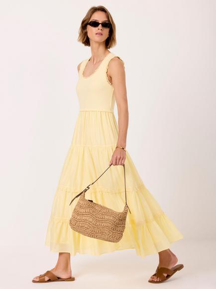 Mint Velvet Crochet Trim Tiered Dress, Yellow, Yellow