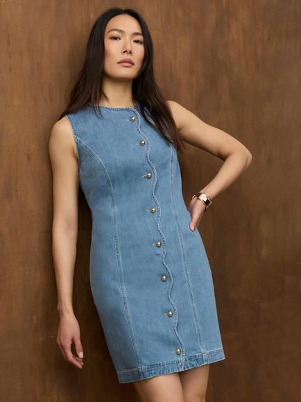 Mint Velvet Scallop Denim Mini Dress, Blue, Blue