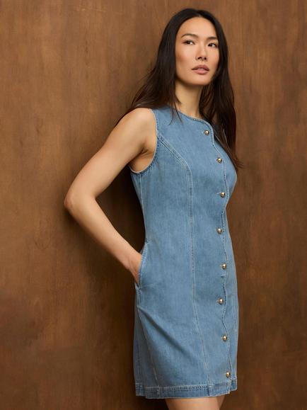 Mint Velvet Scallop Denim Mini Dress, Blue - view 2, Blue