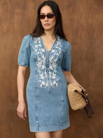 Mint Velvet Embroidered Denim Mini Dress, Blue, Blue